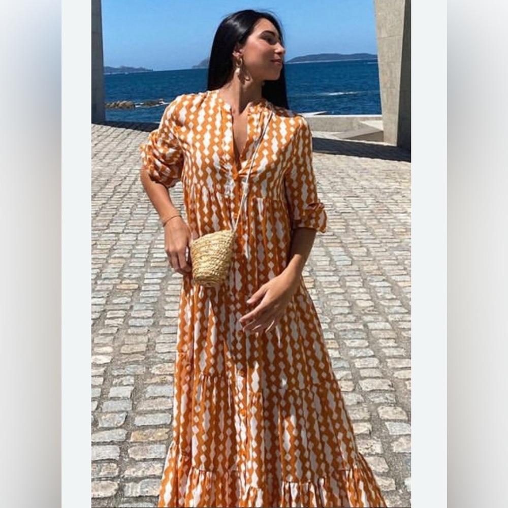 zara  Orange Patterned Maxi Dress - Picture 3 of 9